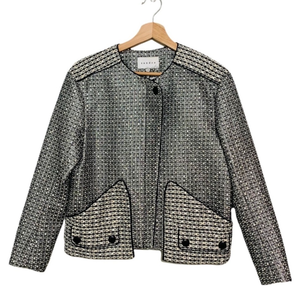 Sandro Black Silver Metallic Tweed Voyage Jacket Front Zip Cropped Size 6 NWT